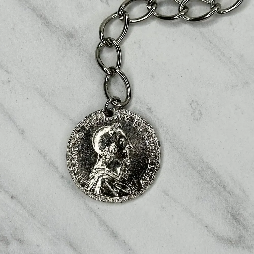 Coin Charm Silver Tone Metal Chain Link Belt Small (S) Classical Y2K Edgy ⚡